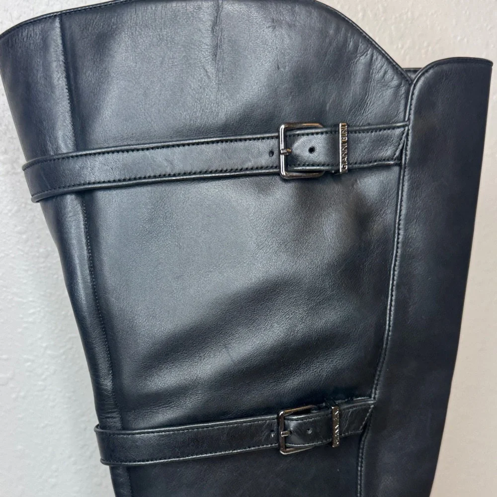 Gianni Bini Black Leather‎ Riding Just Below Knee Boots size 9.5 WIDE CALF